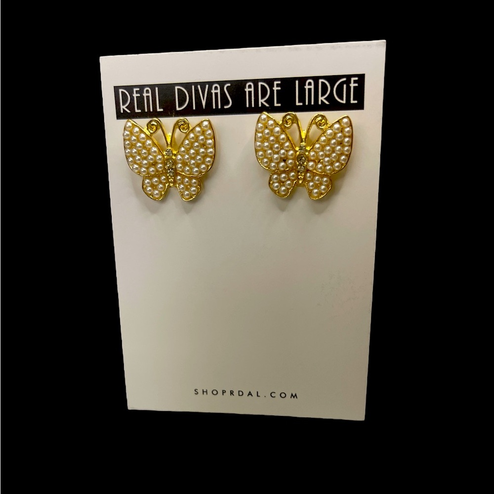 Pearl clip on earrings butterfly stud gold